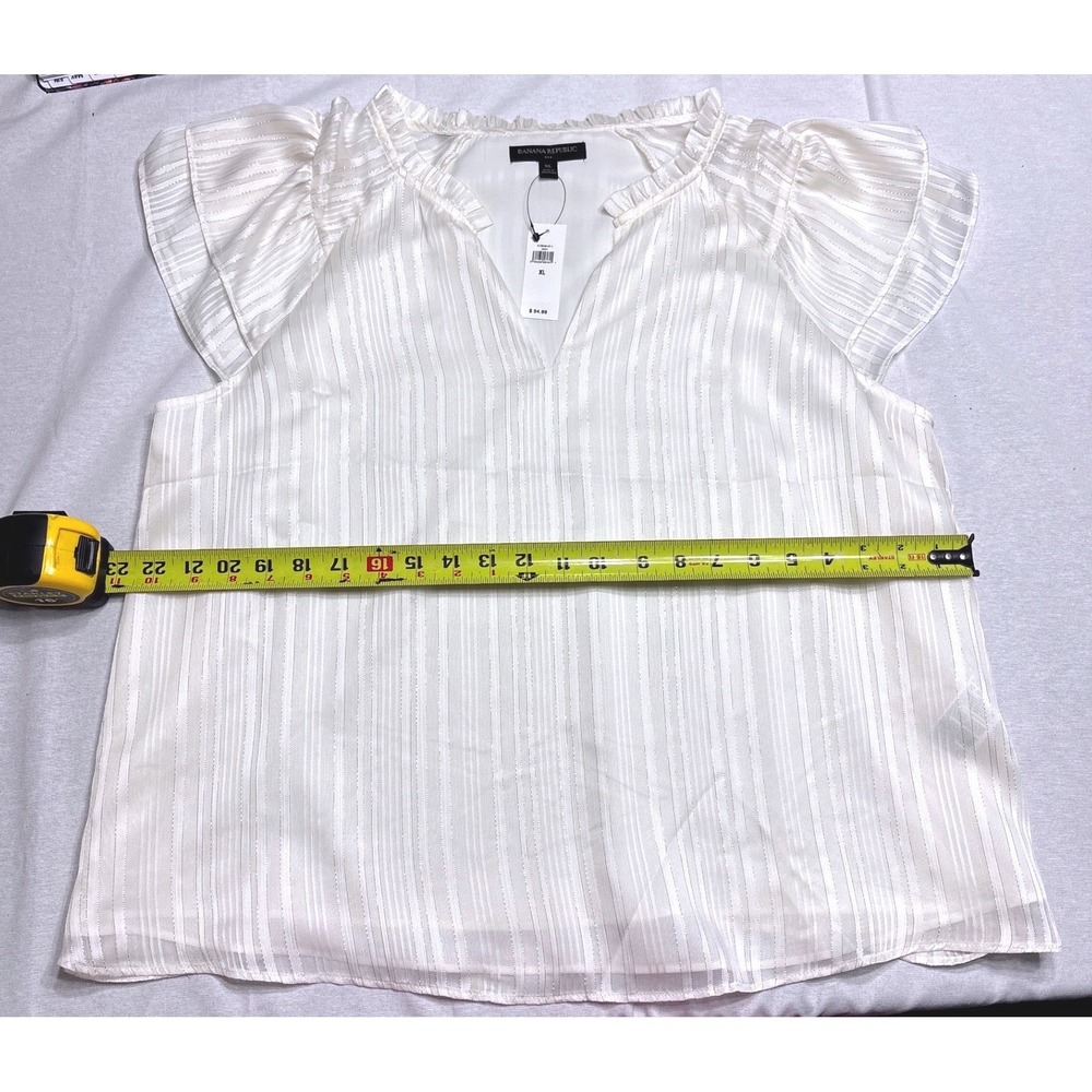 Banana Republic White Metallic Stripe Flutter Sleeve Ruffle Neck Blouse XL NWT